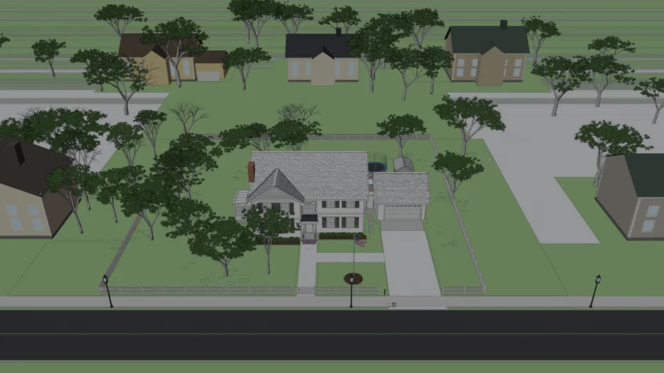 Stage 6: the environment, neighbouring houses, trees, street and terrain, Blender viewport, flat shaded