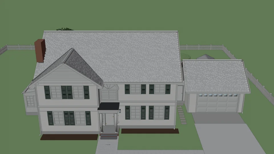 Stage 5: the house clad, with roof tiles, chimney, windows and shutters, Blender viewport, flat shaded