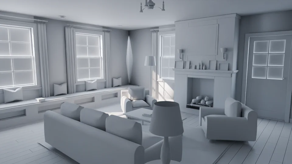 Stage 7: the living room modeled, rendered in plain grey clay from the same camera as the finished shot, daylight only, no interior lights