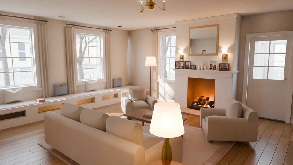 Stage 8: the same camera, the living room with props modeled, set dressed, shaded and lit, Blender render