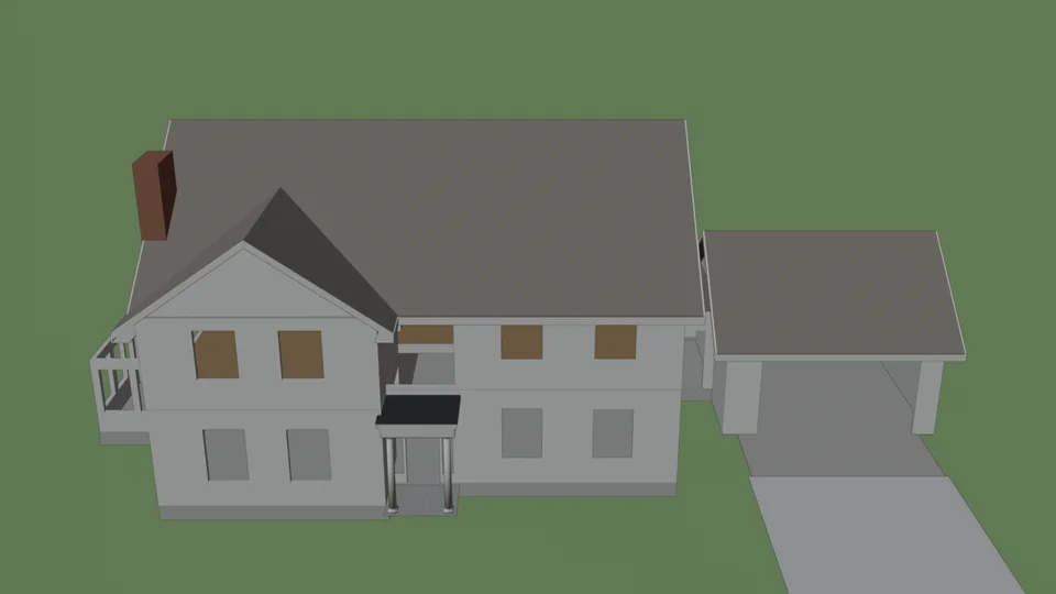Stage 4: the second floor and the roof added, no cladding, no roof tiles, windows still empty, Blender viewport, flat shaded