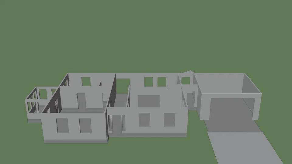 Stage 3: first floor walls with the door and window openings cut, Blender viewport, flat shaded